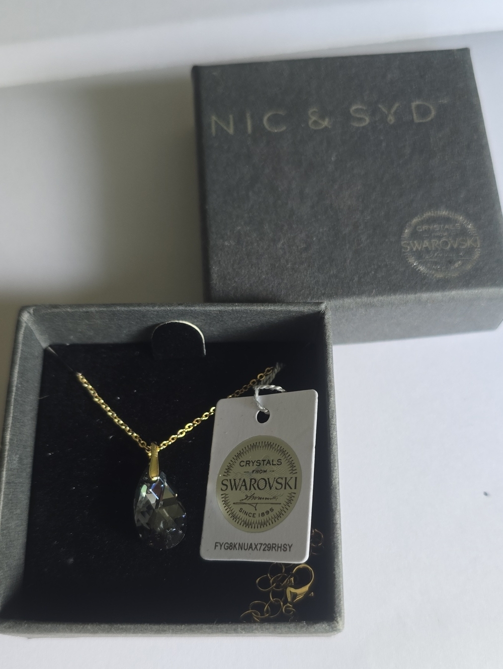 Gold Necklace with Gray Swarovski Teardrop Crystal